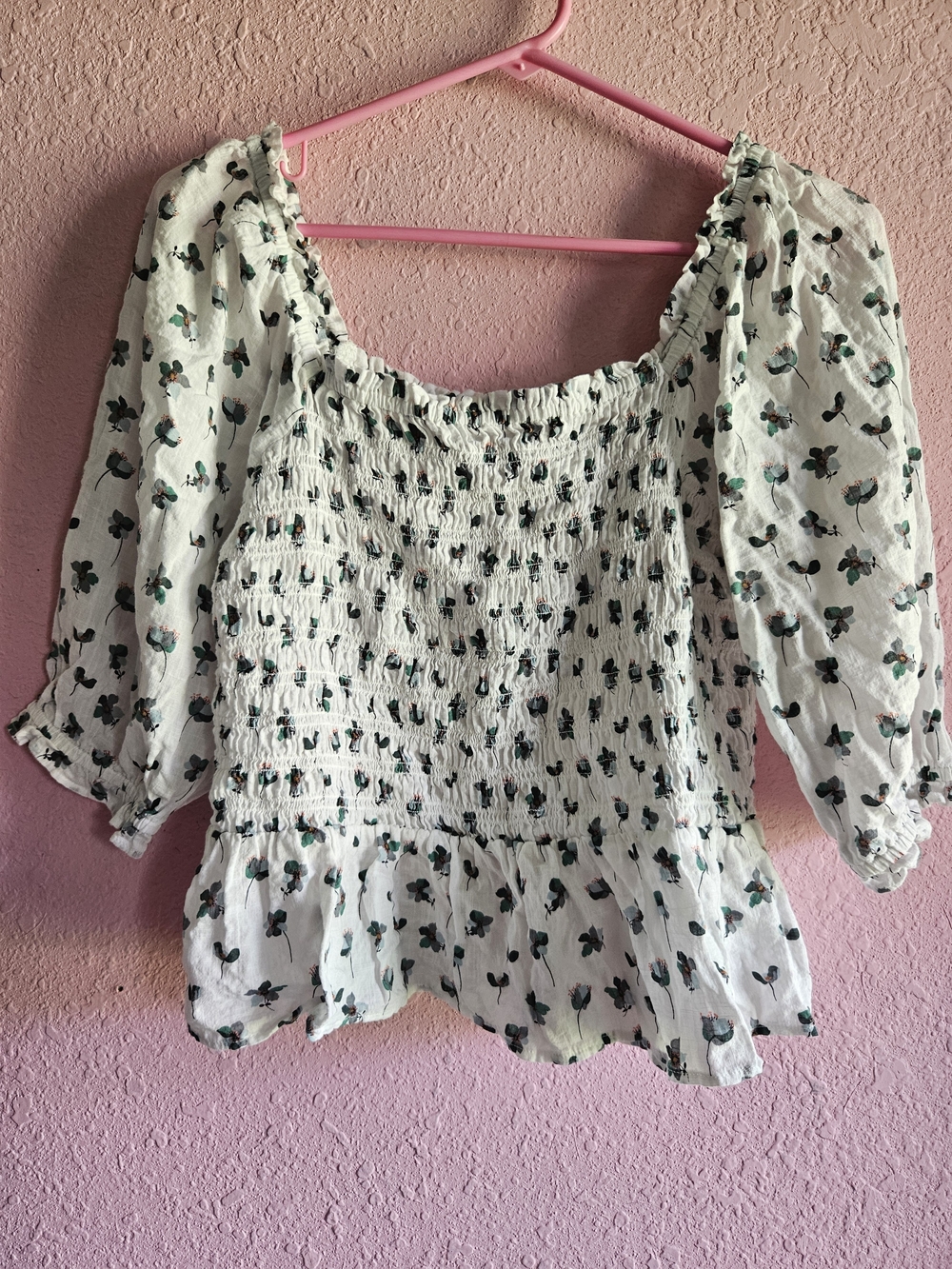 LOFT White Smocked Peplum Top with Green Floral Print - Picture 2 of 6